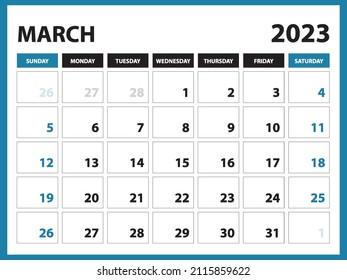 March 2023 Calendar Printable, Calendar 2023 template, planner design, Desk calendar 2023 template, Wall calendar, organizer office, week starts on sunday, vector eps 10