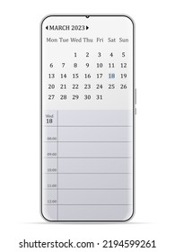 March 2023 calendar smartphone on a white background. Vector illustration.