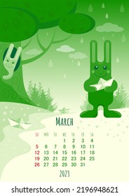 March 2023 calendar with the symbol of the year Rabbit on the background of a spring landscape in green tones