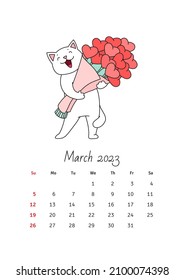 March 2023 calendar. Calendar template decorated with a cute white cat in love. Vector illustration 10 EPS.