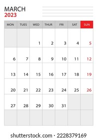 March 2023 - Calendar 2023 template vector illustration, week start on monday, Wall calendar 2023 design, Desk calendar template, corporate planner template, Stationery, organizer diary, vector