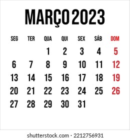 Vector de calendario de marzo de 2023 en estilo plano y limpio, semana de inicio el lunes