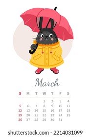March 2023 calendar vertical page. Bunny in raincoat with umbrella.Chinese black water rabbit, symbol of year. A4 wall calendar design. Vector illustration.