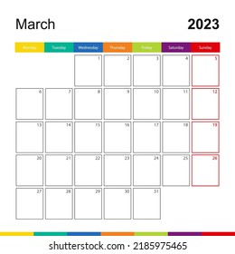March 2023 colorful wall calendar, week starts on Monday. 2023 Calendar template.