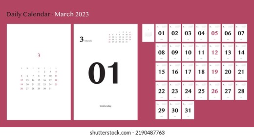 March of the 2023 daily calendar (includes calendar for the month)