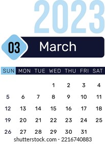 March 2023 Editable background vector with text and dates. Latest calendar minimalist design
