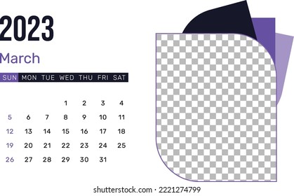 March 2023 editable vector calendar with free space and design. 