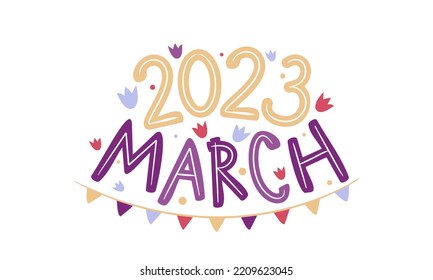 March 2023 logo with hand drawn tulips and garland. Months emblem for the design of calendars, seasons postcards, diaries. Doodle Vector illustration isolated on white background.