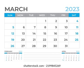 March 2023 page, Calendar 2023 template, Desk calendar 2023 year, planner design, Wall calendar, week starts on sunday, stationery design, Desk office, organizer office, vector eps10