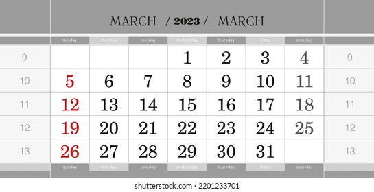 March 2023 quarterly calendar block. Wall calendar in English, week starts from Sunday. Vector Illustration.