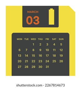 March 2023 simple design digital and printable calendar template illustration. Notes, scheduler, diary, calendar, memo, planner document template background. 