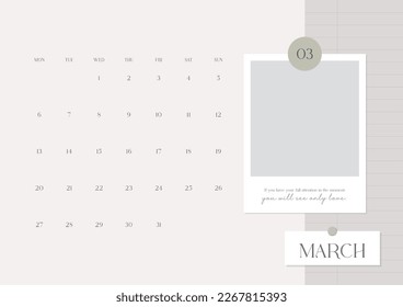 March 2023 simple design digital and printable calendar template illustration. Notes, scheduler, diary, calendar, memo, planner document template background. 