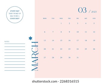 March 2023 simple design digital and printable calendar template illustration. Notes, scheduler, diary, calendar, memo, planner document template background. 