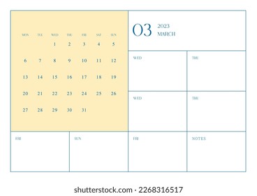 March 2023 simple design digital and printable calendar template illustration. Notes, scheduler, diary, calendar, memo, planner document template background. 