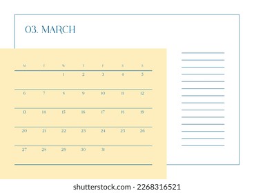 March 2023 simple design digital and printable calendar template illustration. Notes, scheduler, diary, calendar, memo, planner document template background. 