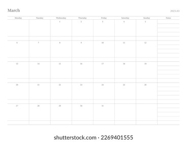 March 2023 simple design digital and printable calendar template illustration. Notes, scheduler, diary, calendar, memo, planner document template background. 