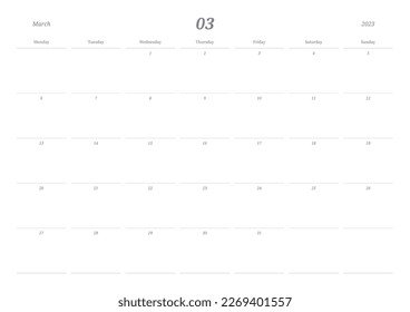 March 2023 simple design digital and printable calendar template illustration. Notes, scheduler, diary, calendar, memo, planner document template background. 