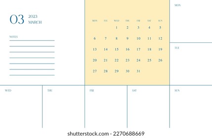 März 2023 einfache Design-Digital-und druckbare Kalendervorlage Illustration. Hinweise, Planer, Tagebuch, Kalender, Memo, Planer-Dokumentvorlagenhintergrund. 