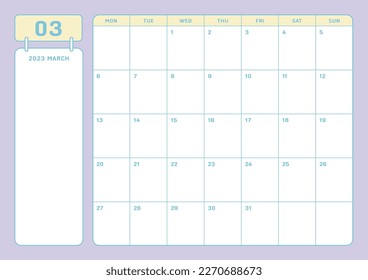 March 2023 simple design digital and printable calendar template illustration. Notes, scheduler, diary, calendar, memo, planner document template background. 