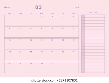 March 2023 simple design digital and printable calendar template illustration. Notes, scheduler, diary, calendar, memo, planner document template background. 