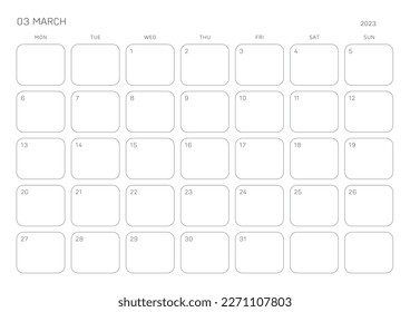 March 2023 simple design digital and printable calendar template illustration. Notes, scheduler, diary, calendar, memo, planner document template background. 