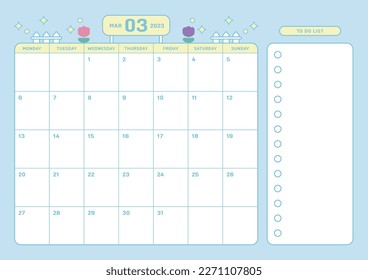 March 2023 simple design digital and printable calendar template illustration. Notes, scheduler, diary, calendar, memo, planner document template background. 