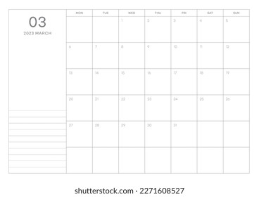 March 2023 simple design digital and printable calendar template illustration. Notes, scheduler, diary, calendar, memo, planner document template background. 