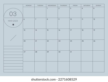 Marzo de 2023 diseño sencillo digital e imprimible ilustración de plantilla de calendario. Notas, programador, diario, calendario, nota, fondo de plantilla de documento del planificador. 