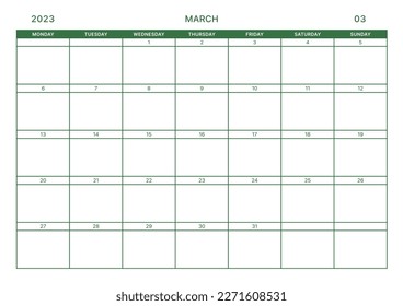 March 2023 simple design digital and printable calendar template illustration. Notes, scheduler, diary, calendar, memo, planner document template background. 