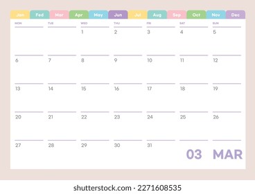 March 2023 simple design digital and printable calendar template illustration. Notes, scheduler, diary, calendar, memo, planner document template background. 