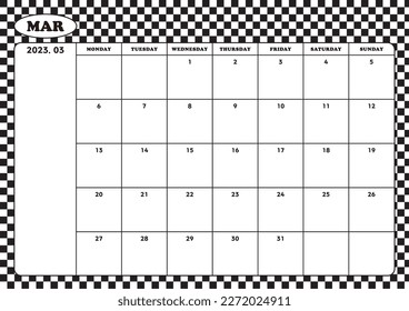 Marzo de 2023 diseño sencillo digital e imprimible ilustración de plantilla de calendario. Notas, programador, diario, calendario, nota, fondo de plantilla de documento del planificador. 