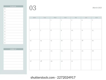 March 2023 simple design digital and printable calendar template illustration. Notes, scheduler, diary, calendar, memo, planner document template background. 