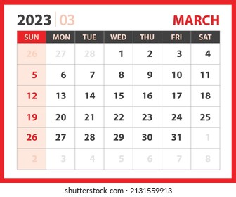 Plantilla de marzo de 2023, vector de diseño del Calendario 2023, diseño del planificador, Semana comienza el domingo, Plantilla de calendario de Escritorio 2023, Papelería. Calendario de pared sobre fondo rojo, vectores 10