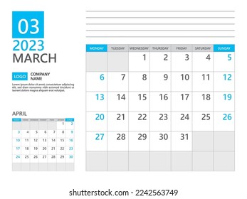 March 2023 template, Calendar planner 2023, week start on Monday, Desk calendar 2023 year, simple planner and clean design, Wall calendar design, Corporate planner template, Business template