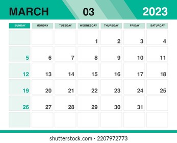 Plantilla de marzo de 2023, vector de plantilla de Calendario 2023, diseño mensual de planificación, calendario de escritorio 2023, diseño de calendario de pared, estilo mínimo, publicidad, cartel, medios de impresión, concepto de fondo verde