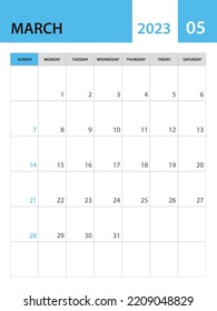 March 2023 template, Calendar 2023 template vector, planner monthly design, desk calendar 2023, wall calendar design, minimal style, advertisement, poster, printing media, simple creative vector