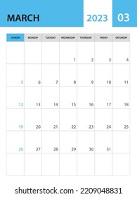 Vorlage März 2023, Kalendervorlage 2023, Vektorgrafik des Planers, monatliches Design, Schreibtischkalender 2023, Design des Wandkalenders, minimaler Stil, Werbung, Poster, Druckmedien, einfache kreative Vektorgrafik