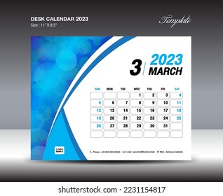 March 2023 template- Desk Calendar 2023 year template, wall calendar 2023 year, Week starts Sunday, Planner design, Stationery design, flyer design, printing media, blue curve backgrund vector