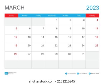 March 2023 template-Calendar 2023 design , Desk Calendar 2023 template, Planner simple, Week starts Sunday, Stationery, Wall calendar, printing, advertisement, vector illustration