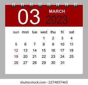 March 2023. Vector monthly calendar template 2023 year in simple style for template design. Week starts from Sunday.