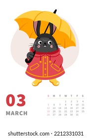 March 2023 wall calendar page with cute bunny. Chinese new year symbol. Spring season. Rabbit in raincoat holding umbrella. A4 template, print, poster, vector illustration.