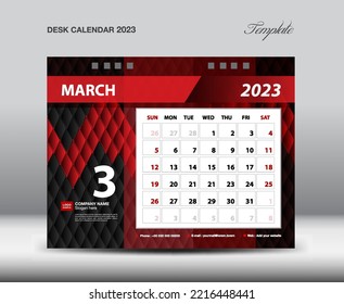 March 2023 year- Desk Calendar 2023 template vector, Week starts Sunday, Planner design, Stationery, flyer design, wall calendar 2023 year design, printing media creative idea design