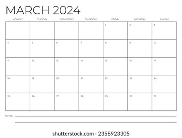 März 2024 A4 Kalendervorlage. Montag bis Sonntag. Leerer Kalender. Geschmacksmuster. Vektorgrafik.