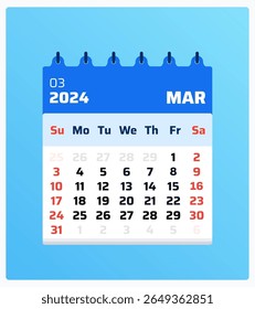 Calendário de março de 2024. Retrato de calendário azul. Fim de semana de 2024, sábado e domingo. Layout de grade. Data do calendário mensal março de 2024. Ilustração vetorial