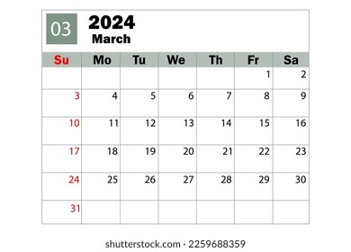 March 2024 calendar. Diary calendar. Daily planner. Vector illustration.