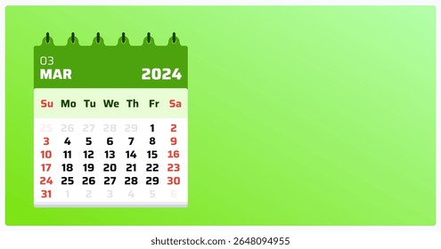 Calendário de março de 2024. Paisagem do calendário verde. O fim de semana de 2024 inclui domingo e sábado. Design limpo para o calendário de março imprimível. Ilustração vetorial.