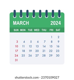 March 2024 Calendar Leaf. Calendar 2024 in flat style. Vector stock illustration