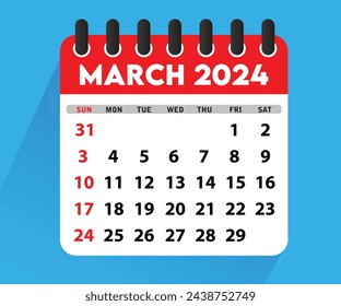 März 2024 Kalenderblatt. Kalender 2024 im flachen Stil. März 2024 Kalender, Seite des jährlichen Monatskalenders - März 2024, Vektor-Illustration