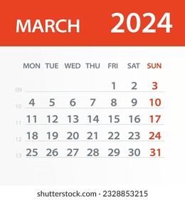 Hoja del Calendario de Marzo de 2024 - Ilustración. página de gráfico de vector