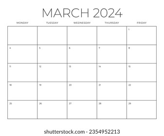 March 2024 Calendar. Monday through Friday Work Week. Blank Calendar Template. Fits Letter Size Page. Stationery Design.